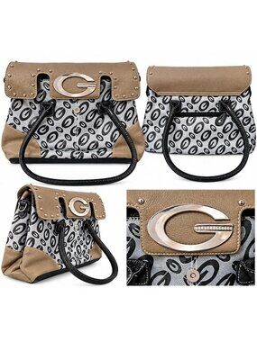 G Logo Pattern Shoulder Handbag Taupe Black and Gray with Silver Accents